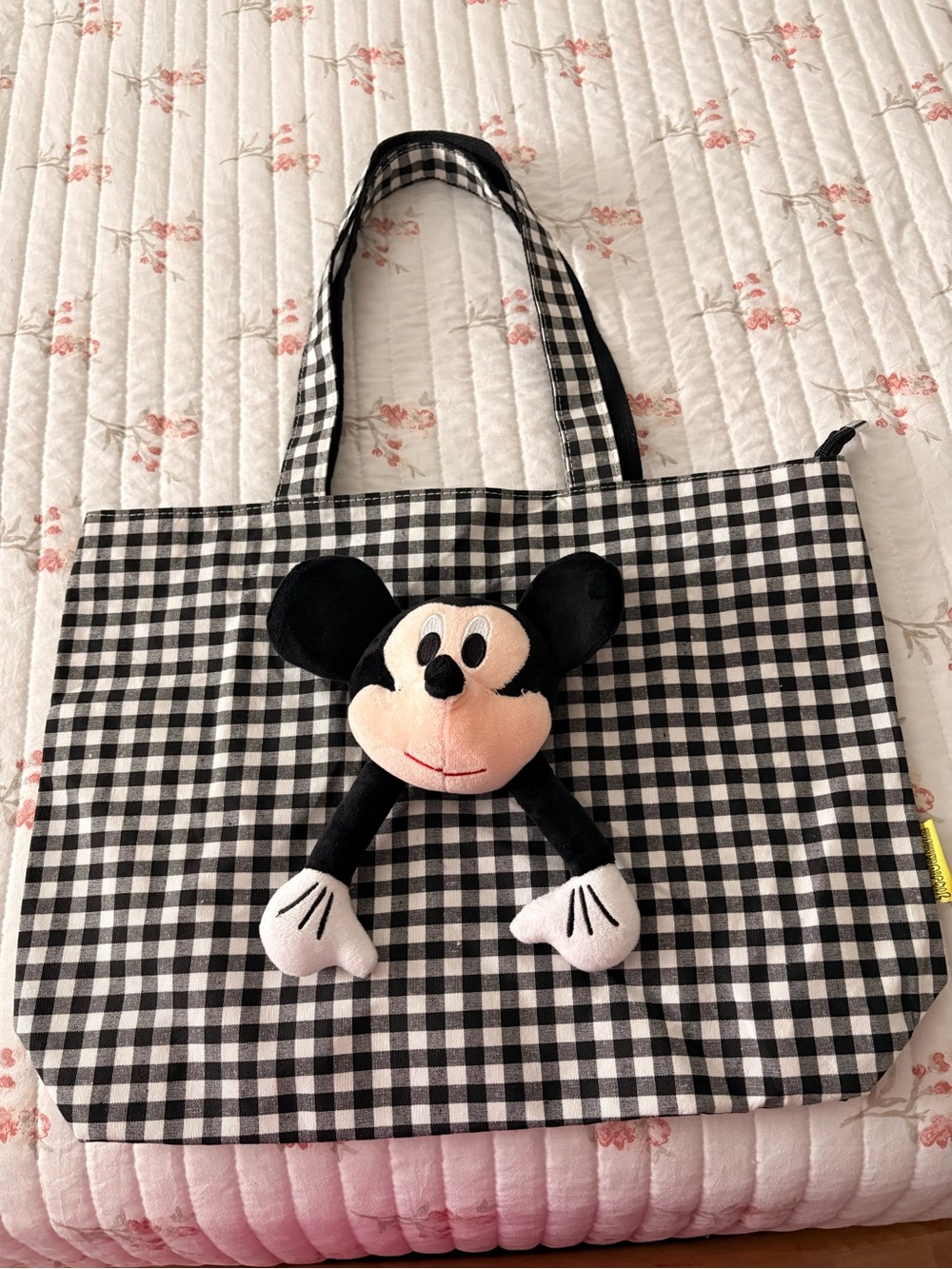 Black & White Gingham Tote Bag with Plush Character Accent